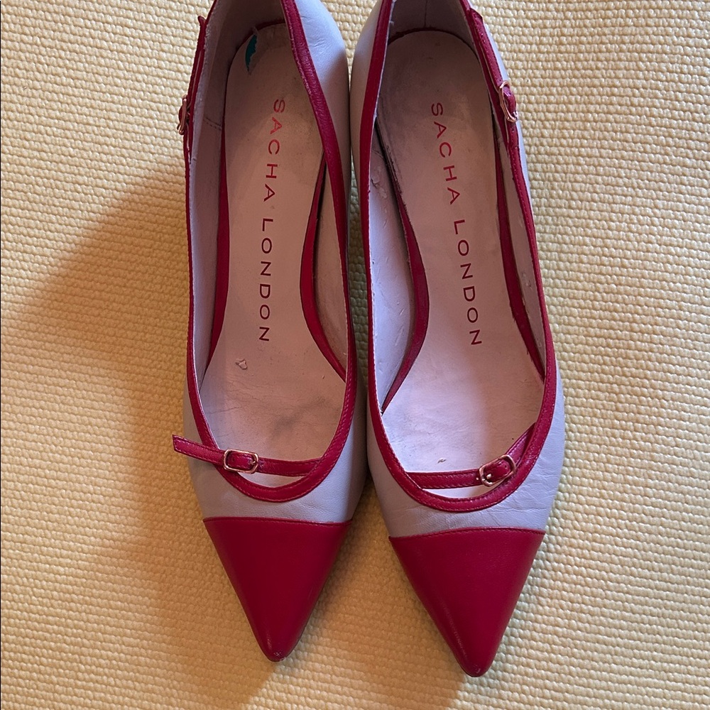 Sacha London Red and Cream Pointed Kitten Heels